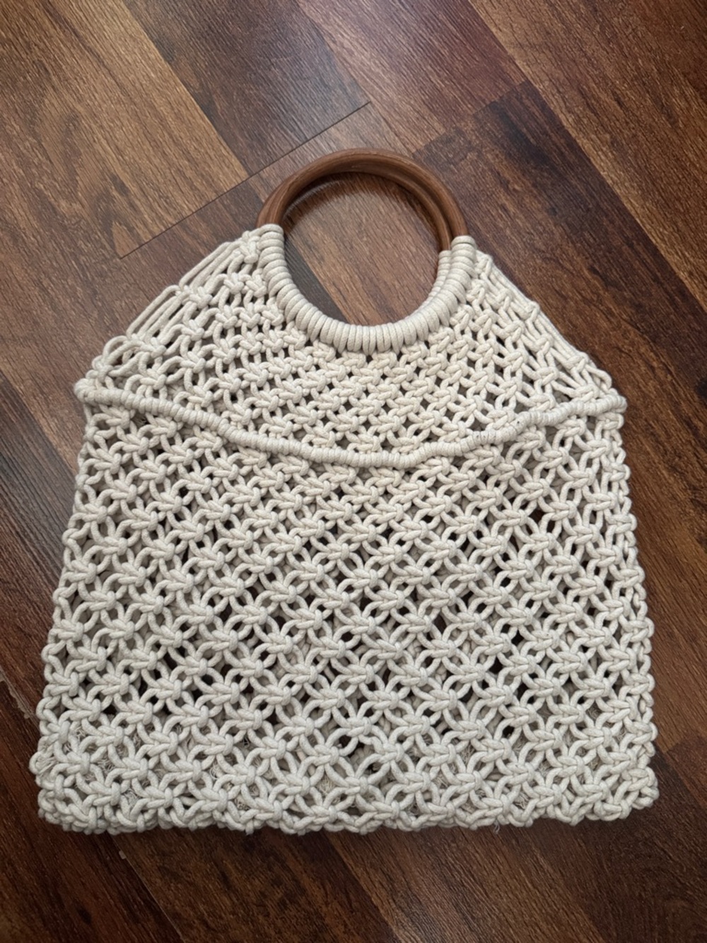 Handwoven Cream Macramé Tote Bag with Wooden Handles